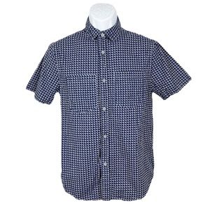 Split Button Down Shirt Men Small Blue Grey Geometric Print Short Sleeve Casual